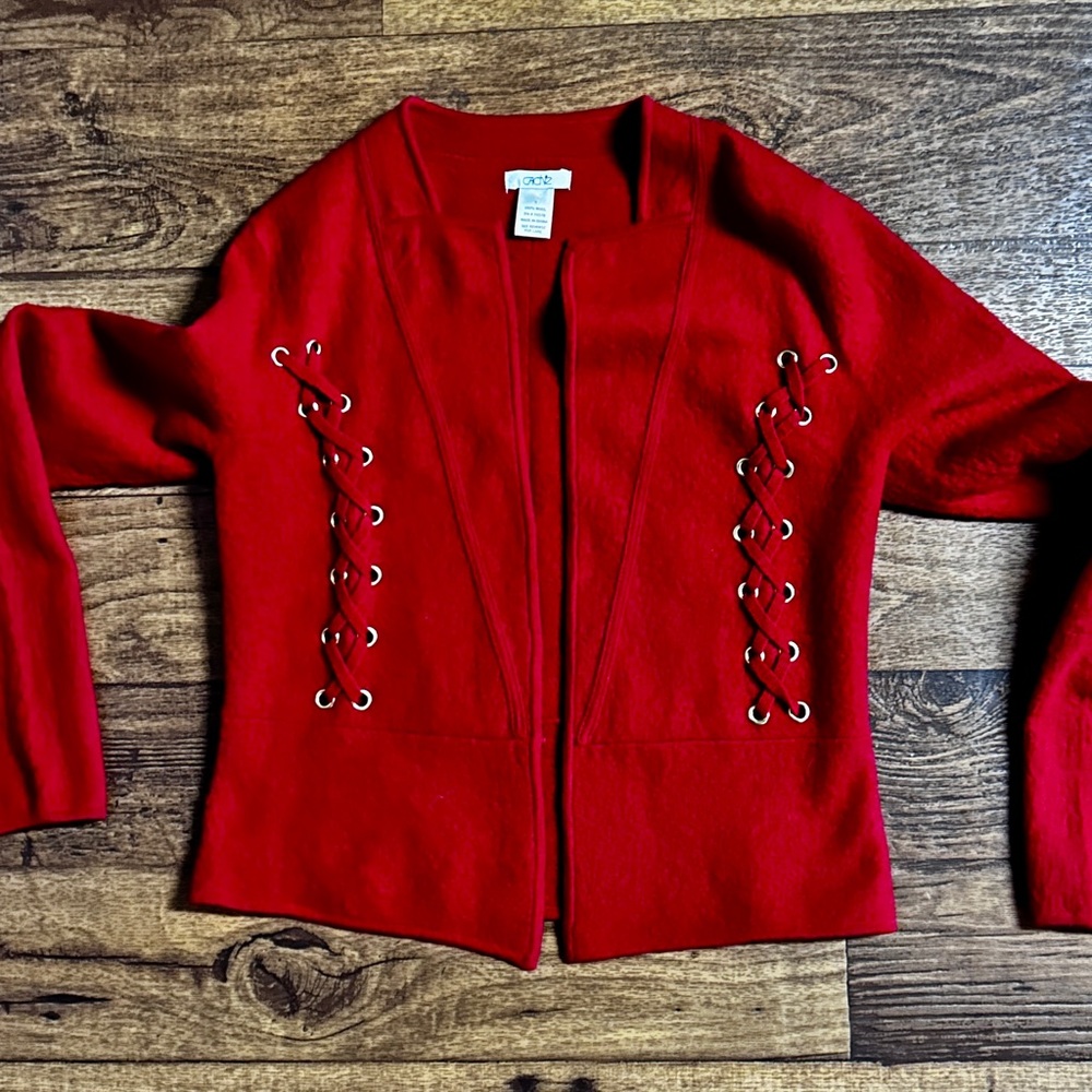 Cache ~ Women's Small ~100% Wool ~ Red Blazer Jacket W/ Lace Up Detail Hook Loop - Picture 9 of 16